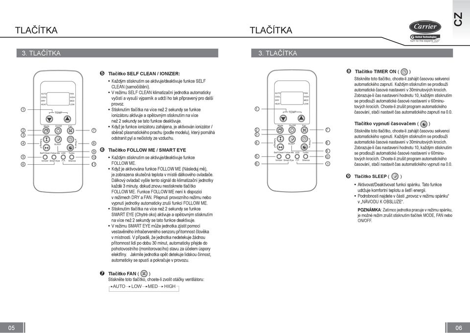 Stisknutím tlačítka na více než 2 sekundy se funkce ionizátoru aktivuje a opětovným stisknutím na více než 2 sekundy se tato funkce deaktivuje.