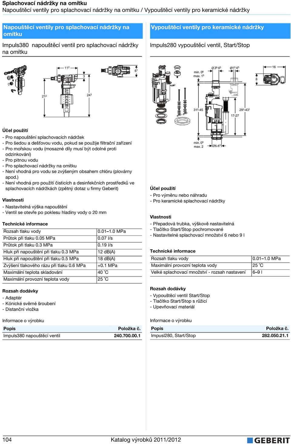 keramické náržky Impuls28 vypouštěcí ventil, Start/Stop 11 2 6 1 3 min. 8 max.