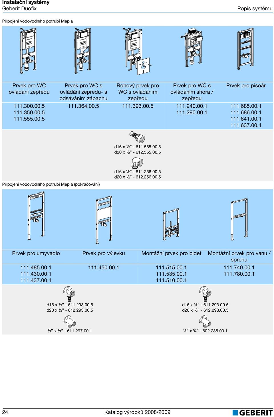 .5 d2 x ½ - 612.555..5 d16 x ½ - 611.256..5 d2 x ½ - 612.256..5 Připojení vodovodního potrubí Mepla (pokračování) 24 Prvek pro umyvadlo Prvek pro výlevku Montážní prvek pro bidet 111.485..1 111.43.