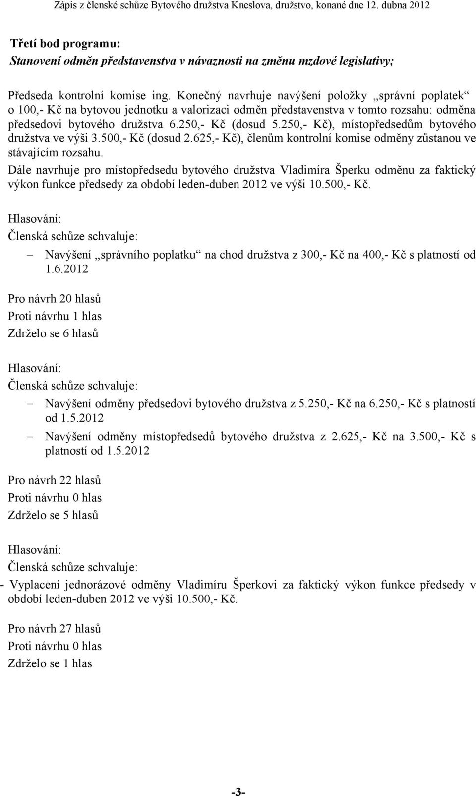 250,- Kč), místopředsedům bytového družstva ve výši 3.500,- Kč (dosud 2.625,- Kč), členům kontrolní komise odměny zůstanou ve stávajícím rozsahu.