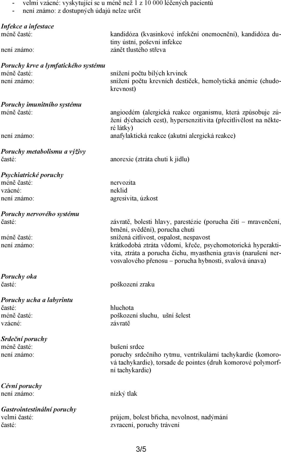 onemocnění), kandidóza dutiny ústní, poševní infekce zánět tlustého střeva snížení počtu bílých krvinek snížení počtu krevních destiček, hemolytická anémie (chudokrevnost) angioedém (alergická reakce