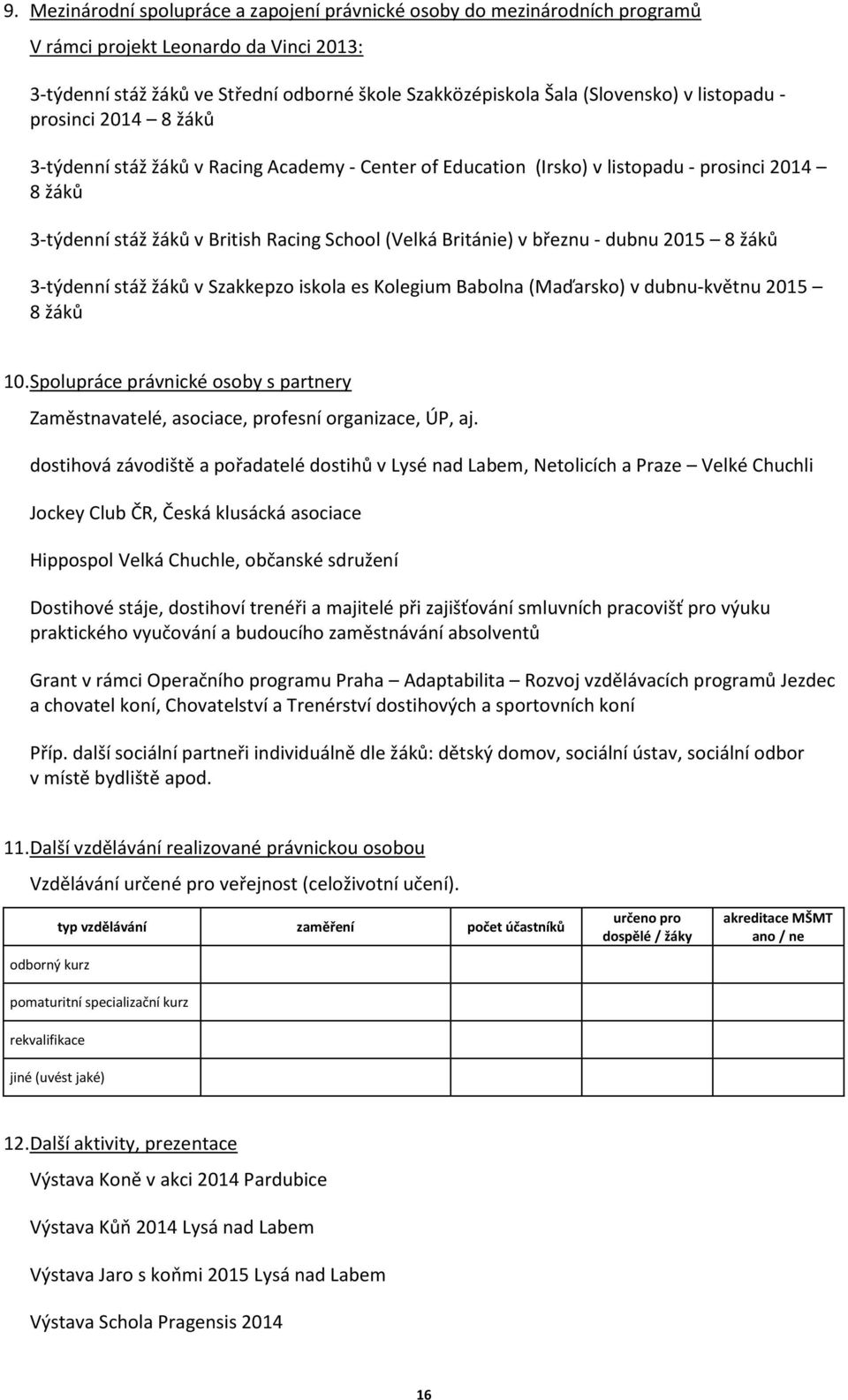 březnu - dubnu 2015 8 žáků 3-týdenní stáž žáků v Szakkepzo iskola es Kolegium Babolna (Maďarsko) v dubnu-květnu 2015 8 žáků 10.