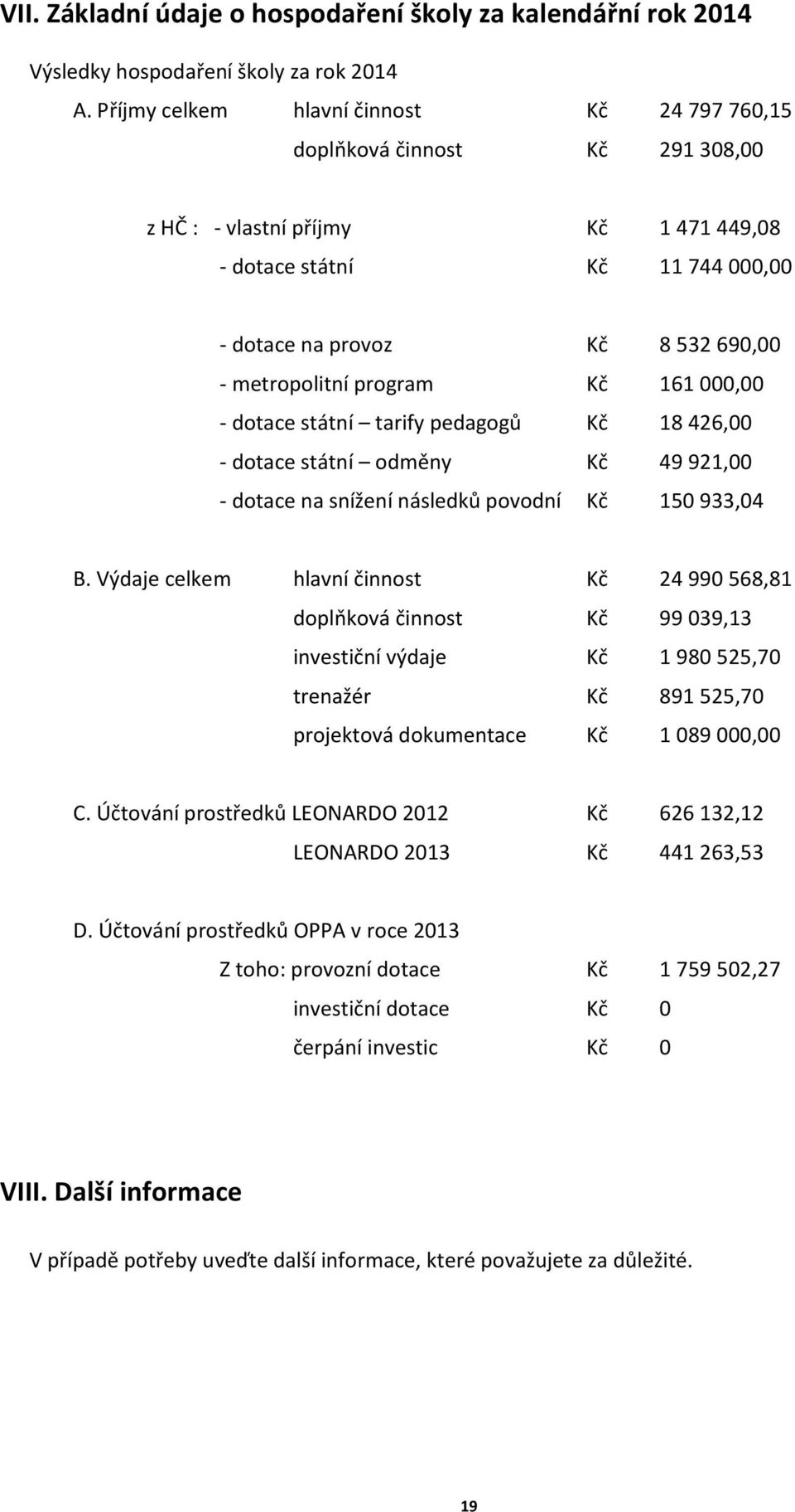 metropolitní program Kč 161 000,00 - dotace státní tarify pedagogů Kč 18 426,00 - dotace státní odměny Kč 49 921,00 - dotace na snížení následků povodní Kč 150 933,04 B.