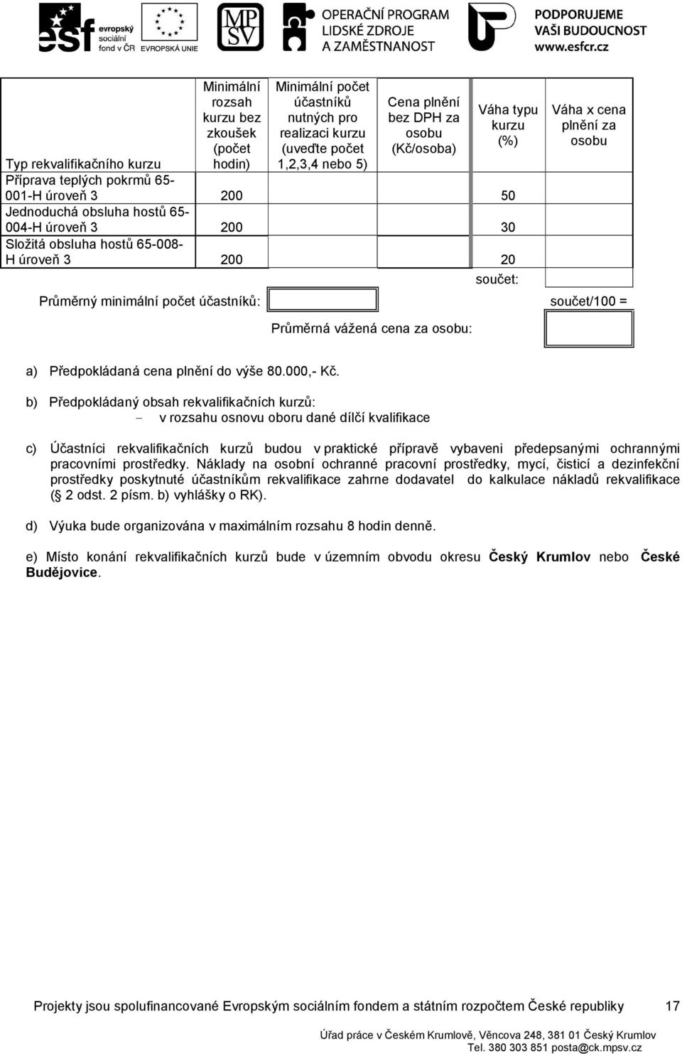 Průměrný minimální počet účastníků: součet/100 = Průměrná vážená cena za : a) Předpokládaná cena plnění do výše 80.000,- Kč.