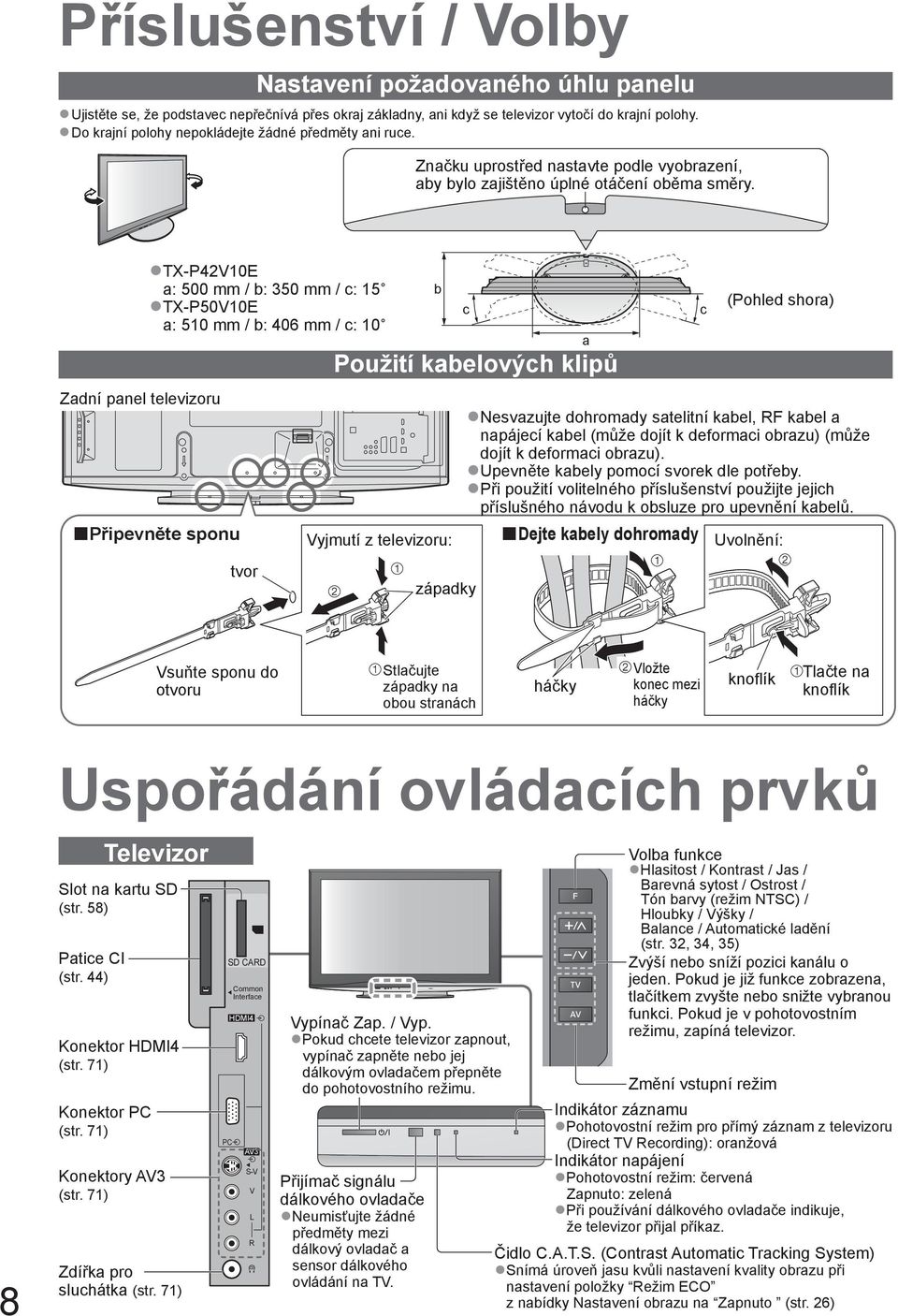 Zadní panel televizoru TX-P42V10E a: 500 mm / b: 350 mm / c: 15 TX-P50V10E a: 510 mm / b: 406 mm / c: 10 Připevněte sponu tvor b c Použití kabelových klipů Vyjmutí z televizoru: západky a c (Pohled