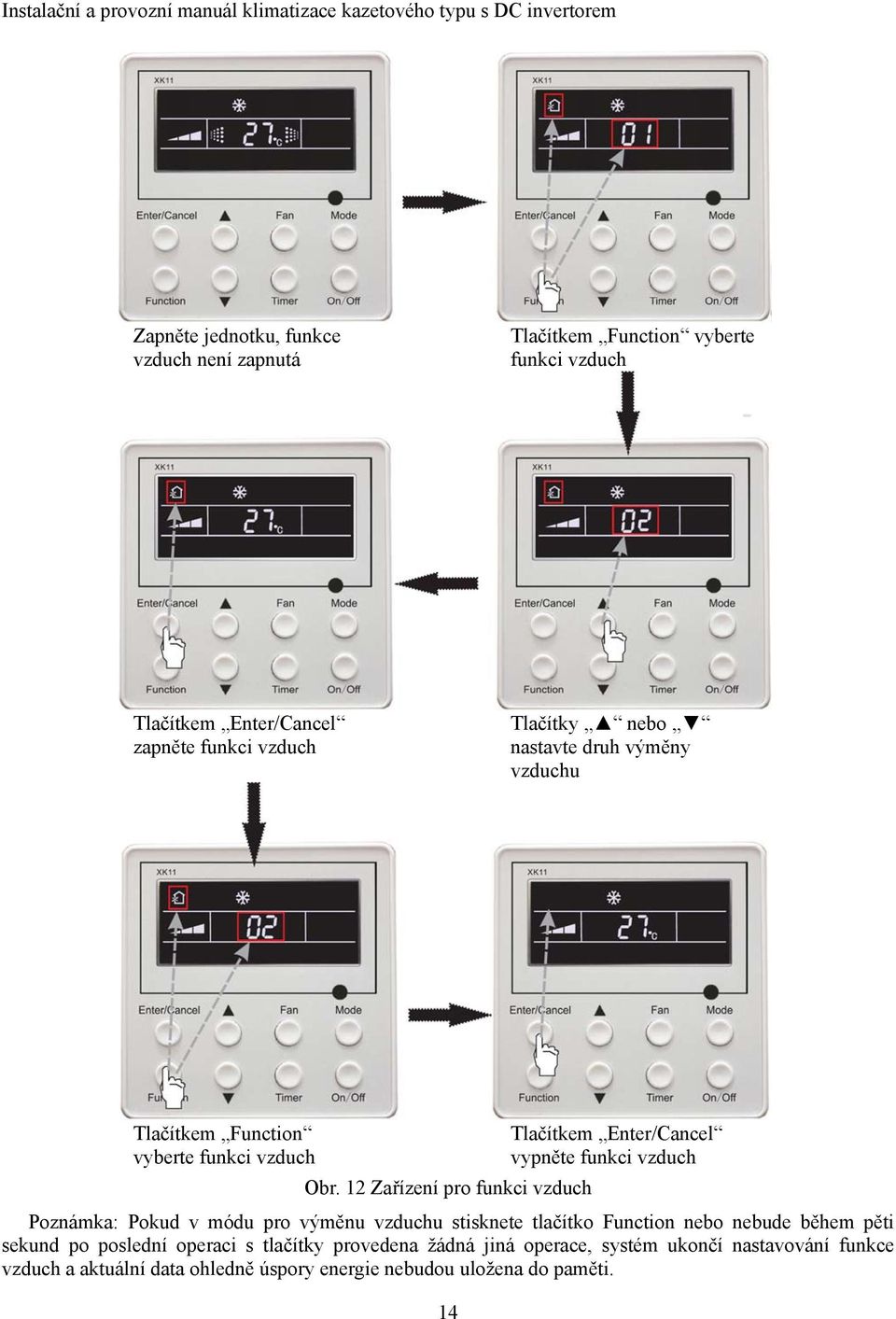 12 Zařízení pro funkci vzduch 14 Tlačítkem Enter/Cancel vypněte funkci vzduch Poznámka: Pokud v módu pro výměnu vzduchu stisknete tlačítko