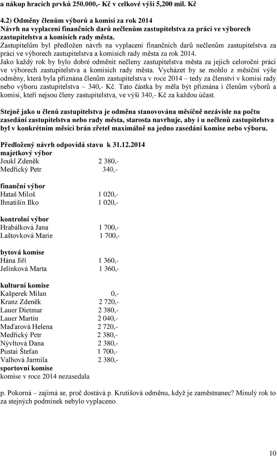 Zastupitelům byl předložen návrh na vyplacení finančních darů nečlenům zastupitelstva za práci ve výborech zastupitelstva a komisích rady města za rok 2014.