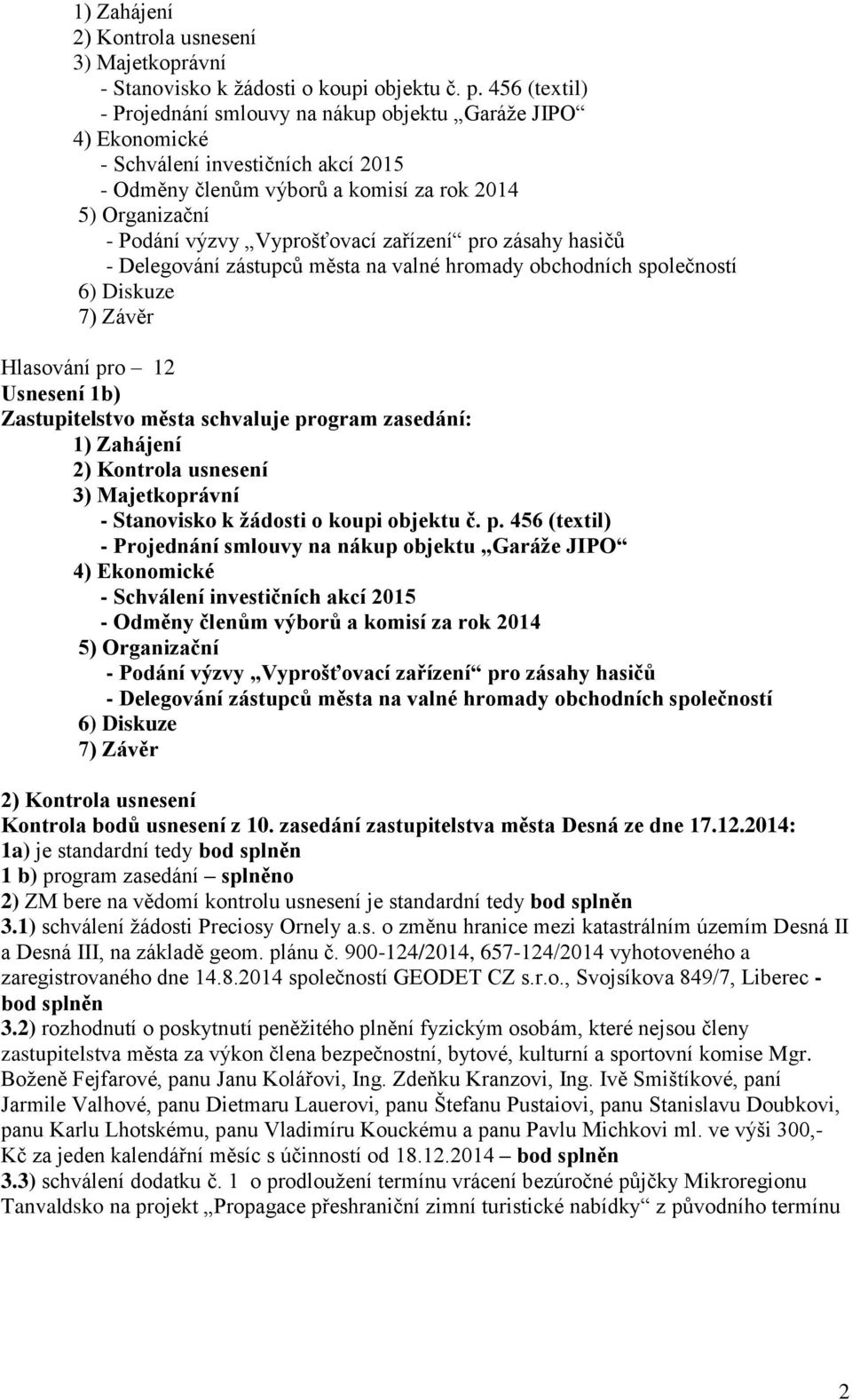 zařízení pro zásahy hasičů - Delegování zástupců města na valné hromady obchodních společností 6) Diskuze 7) Závěr Hlasování pro 12 Usnesení 1b) Zastupitelstvo města schvaluje program zasedání:  
