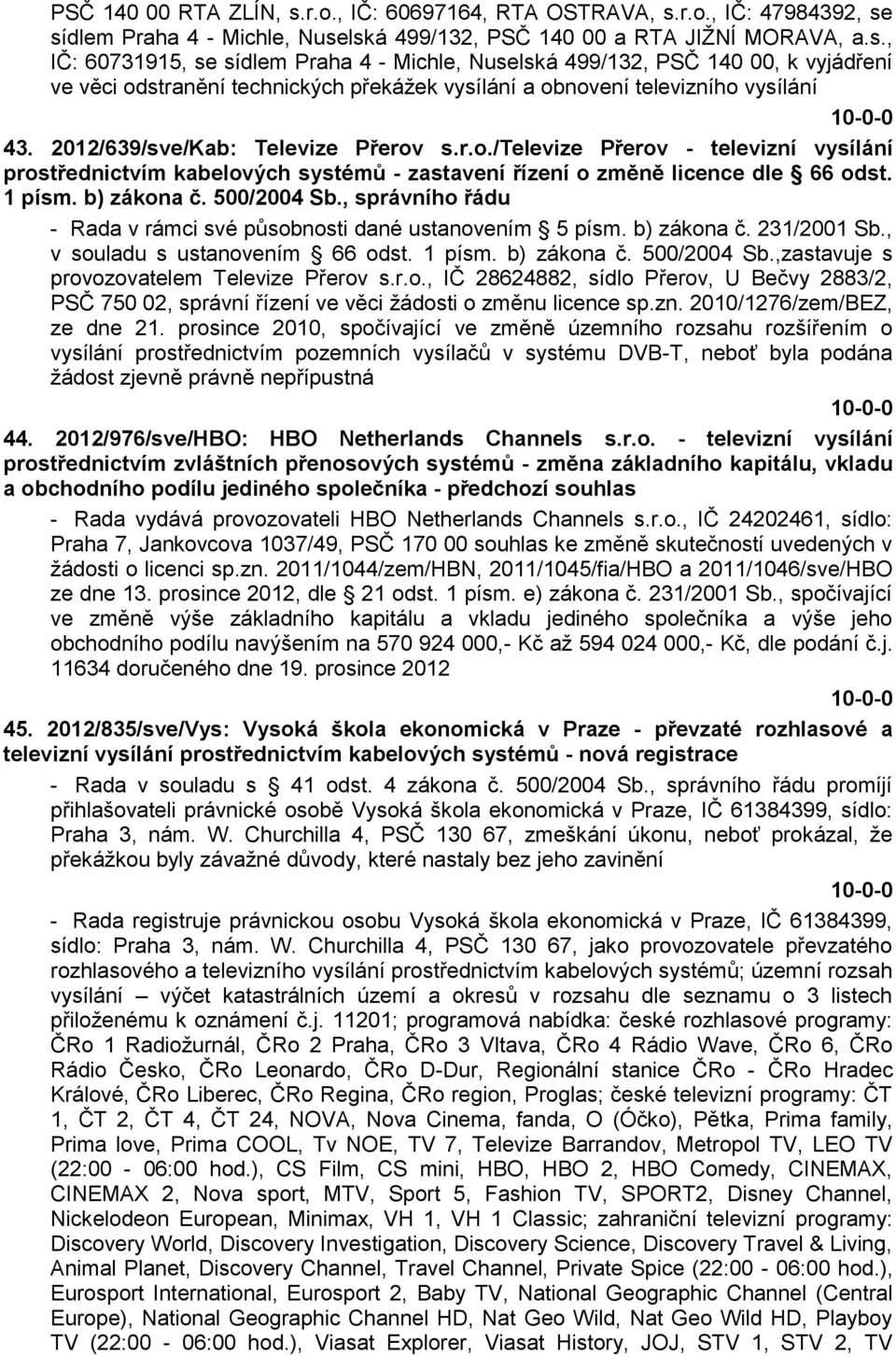 , správního řádu - Rada v rámci své působnosti dané ustanovením 5 písm. b) zákona č. 231/2001 Sb., v souladu s ustanovením 66 odst. 1 písm. b) zákona č. 500/2004 Sb.