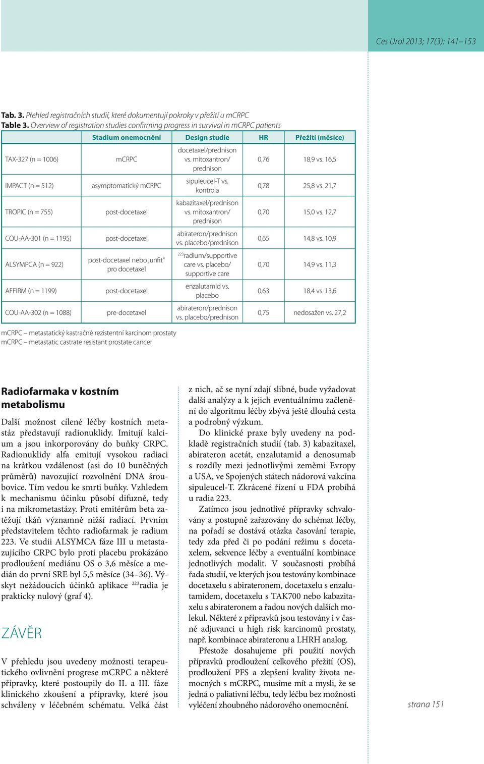 mitoxantron/ 0,76 18,9 vs. 16,5 prednison IMPACT (n = 512) asymptomatický mcrpc sipuleucel-t vs. kontrola 0,78 25,8 vs. 21,7 TROPIC (n = 755) post-docetaxel kabazitaxel/prednison vs.
