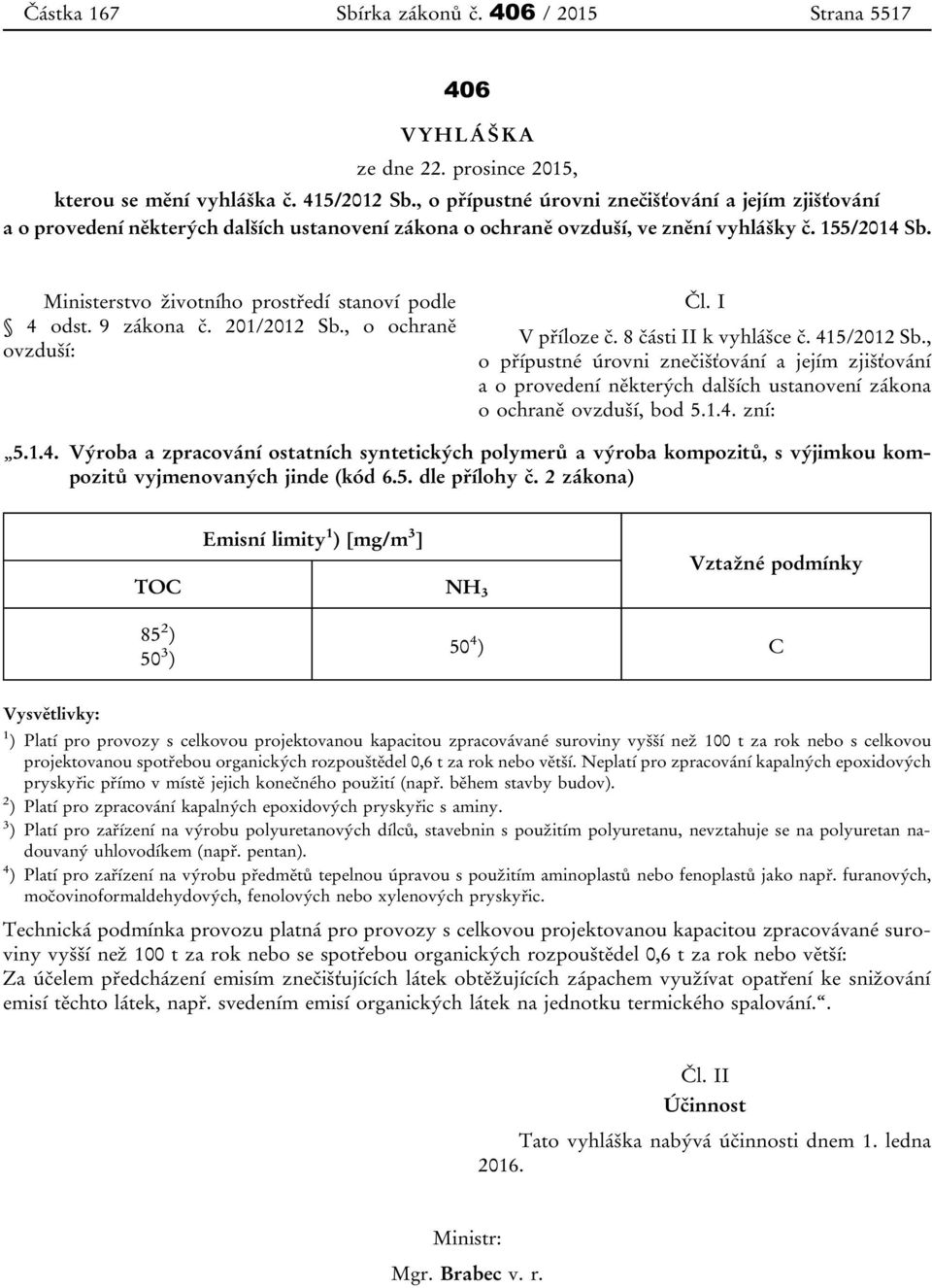 Ministerstvo životního prostředí stanoví podle 4 odst. 9 zákona č. 201/2012 Sb., o ochraně ovzduší: Čl. I V příloze č. 8 části II k vyhlášce č. 415/2012 Sb.