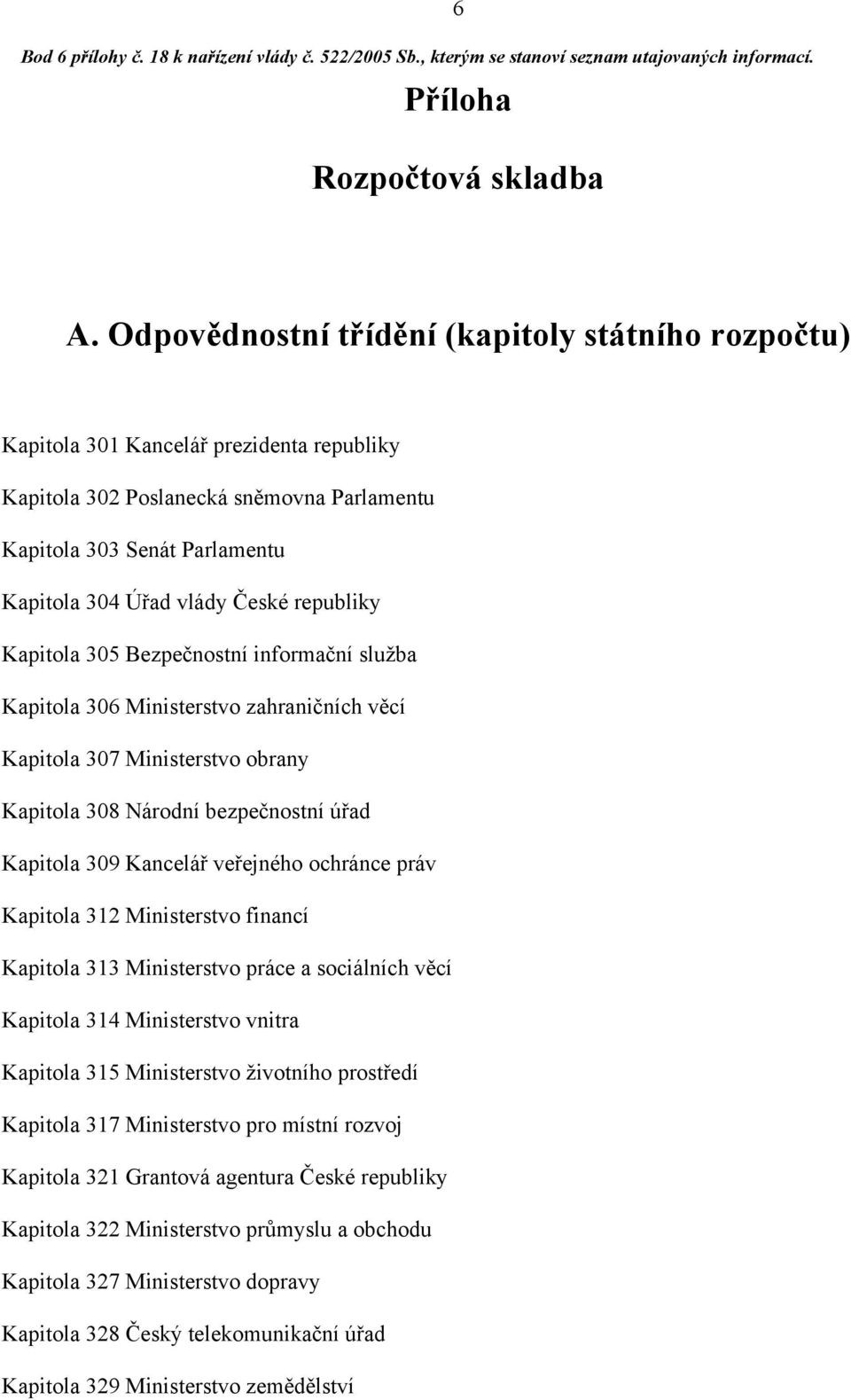 republiky Kapitola 305 Bezpečnostní informační služba Kapitola 306 Ministerstvo zahraničních věcí Kapitola 307 Ministerstvo obrany Kapitola 308 Národní bezpečnostní úřad Kapitola 309 Kancelář