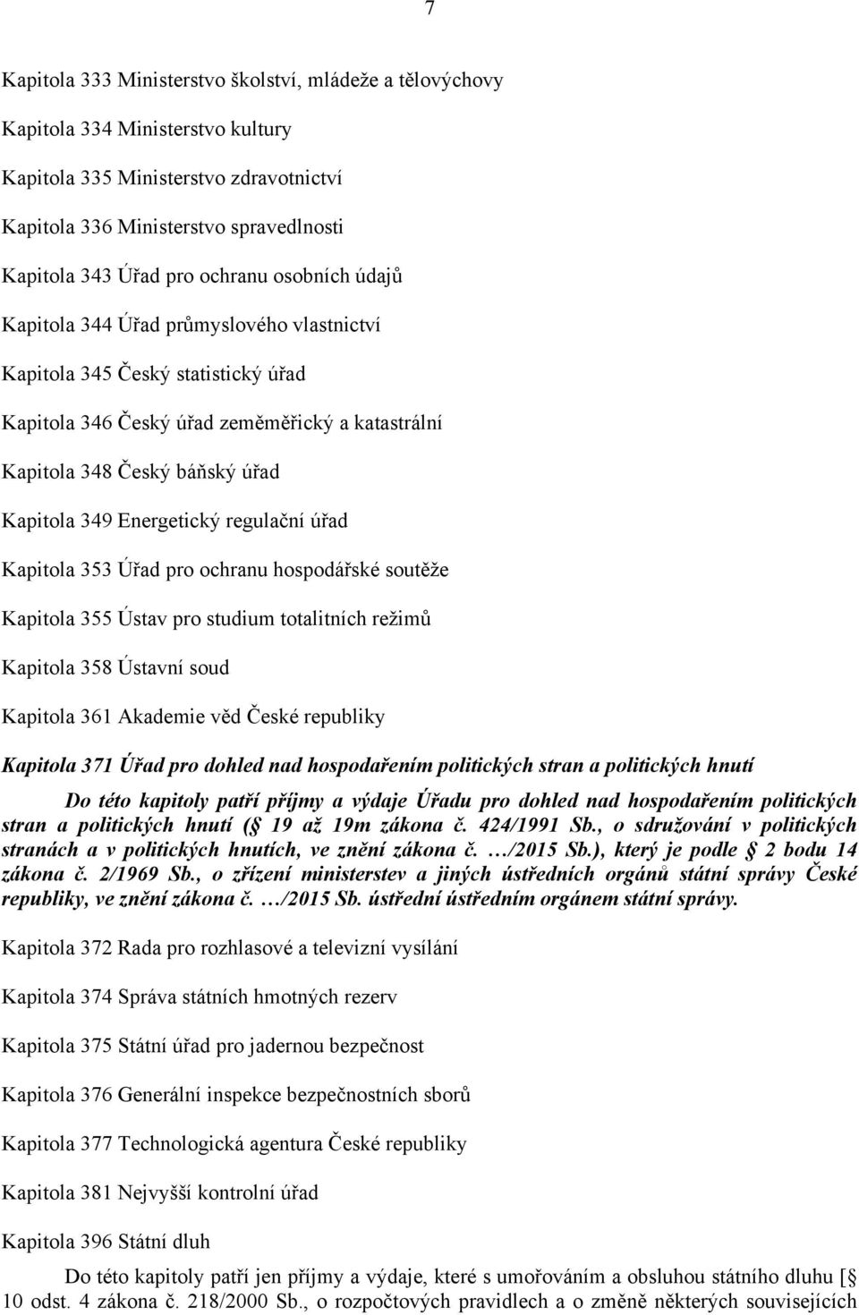 Energetický regulační úřad Kapitola 353 Úřad pro ochranu hospodářské soutěže Kapitola 355 Ústav pro studium totalitních režimů Kapitola 358 Ústavní soud Kapitola 361 Akademie věd České republiky