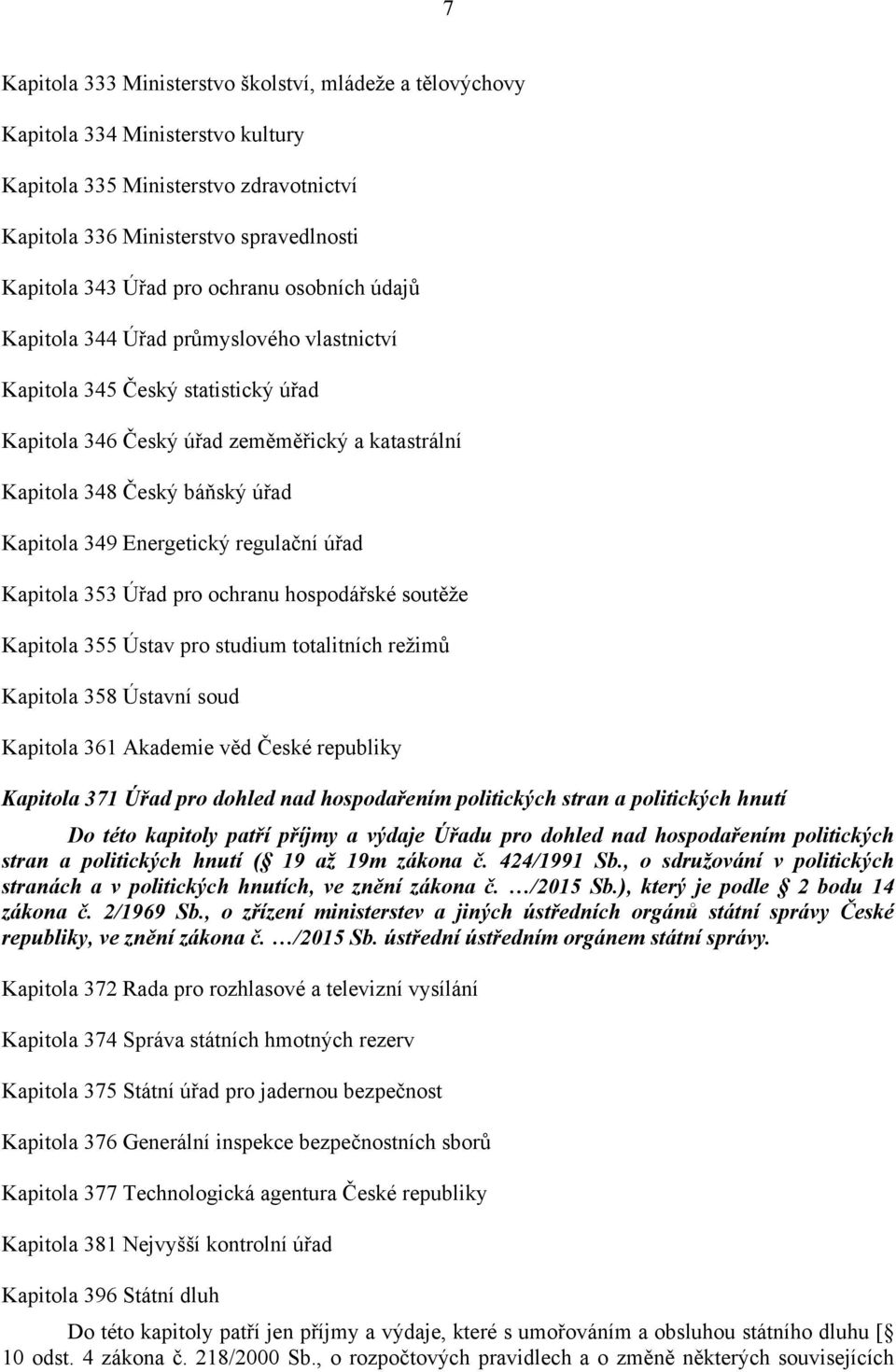 Energetický regulační úřad Kapitola 353 Úřad pro ochranu hospodářské soutěže Kapitola 355 Ústav pro studium totalitních režimů Kapitola 358 Ústavní soud Kapitola 361 Akademie věd České republiky