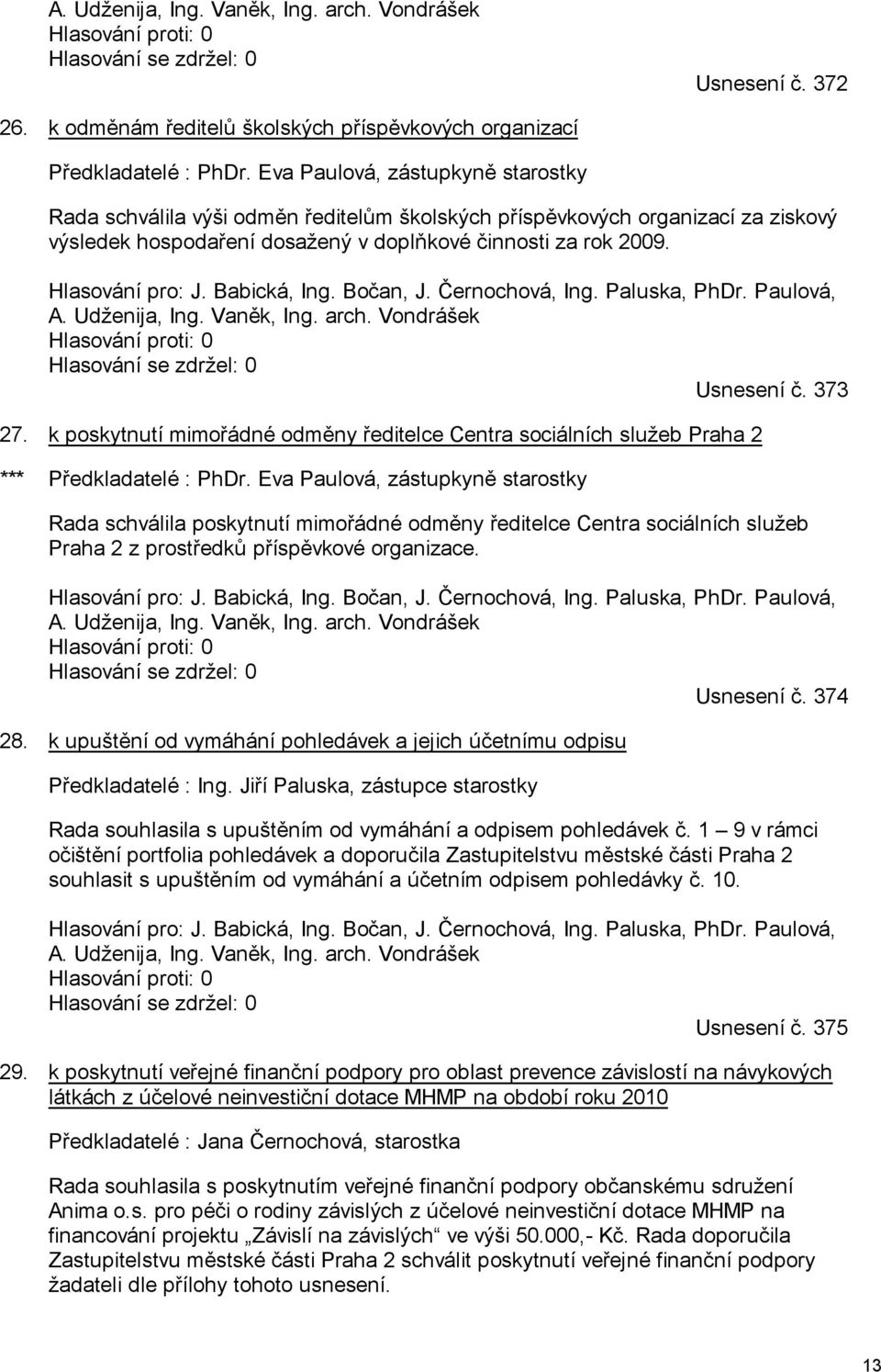 Babická, Ing. Bočan, J. Černochová, Ing. Paluska, PhDr. Paulová, A. Udženija, Ing. Vaněk, Ing. arch. Vondrášek Hlasování proti: 0 Hlasování se zdržel: 0 Usnesení č. 373 27.