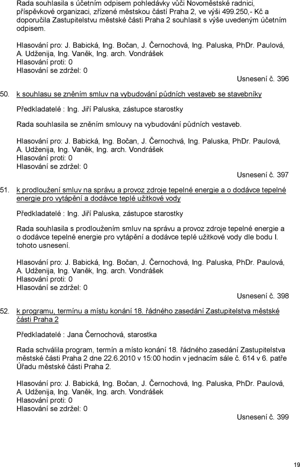 Udženija, Ing. Vaněk, Ing. arch. Vondrášek Hlasování proti: 0 Hlasování se zdržel: 0 Usnesení č. 396 50. k souhlasu se zněním smluv na vybudování půdních vestaveb se stavebníky Předkladatelé : Ing.