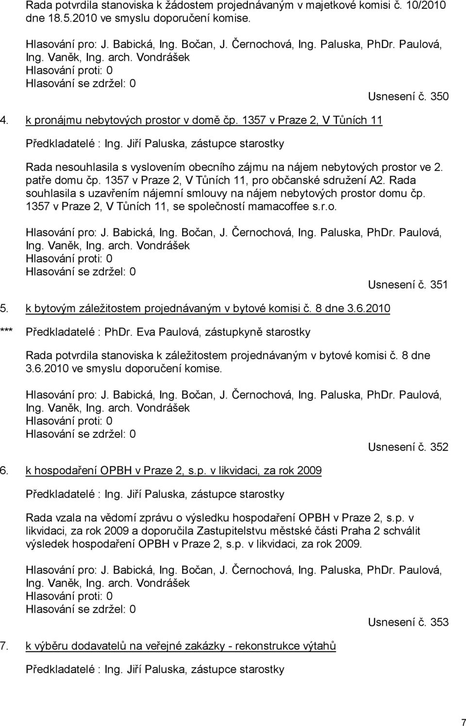 Jiří Paluska, zástupce starostky Rada nesouhlasila s vyslovením obecního zájmu na nájem nebytových prostor ve 2. patře domu čp. 1357 v Praze 2, V Tůních 11, pro občanské sdružení A2.