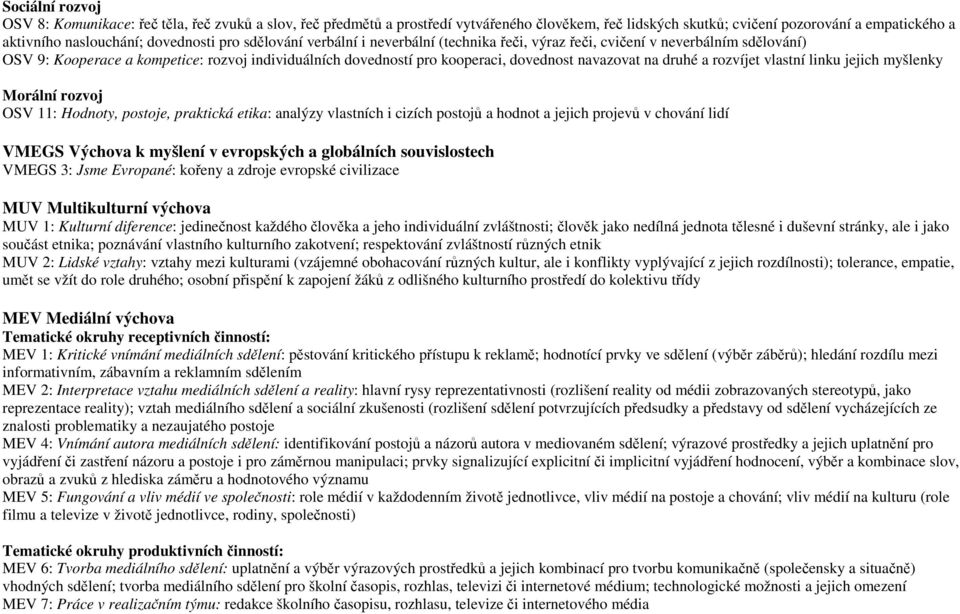 druhé a rozvíjet vlastní linku jejich myšlenky Morální rozvoj OSV 11: Hodnoty, postoje, praktická etika: analýzy vlastních i cizích postojů a hodnot a jejich projevů v chování lidí VMEGS Výchova k