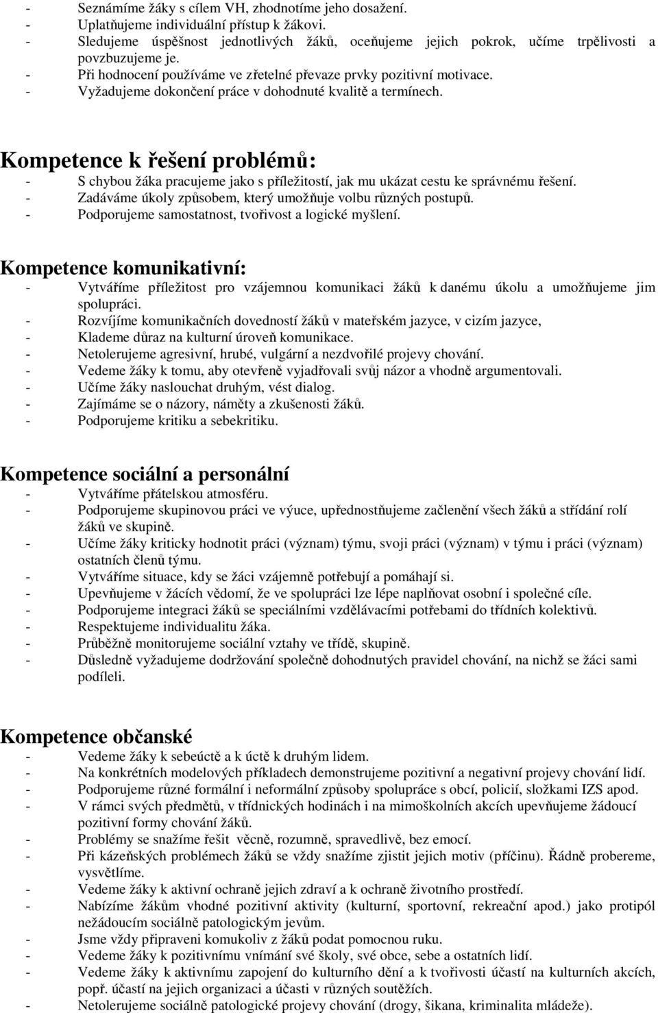 - Vyžadujeme dokončení práce v dohodnuté kvalitě a termínech. Kompetence k řešení problémů: - S chybou žáka pracujeme jako s příležitostí, jak mu ukázat cestu ke správnému řešení.