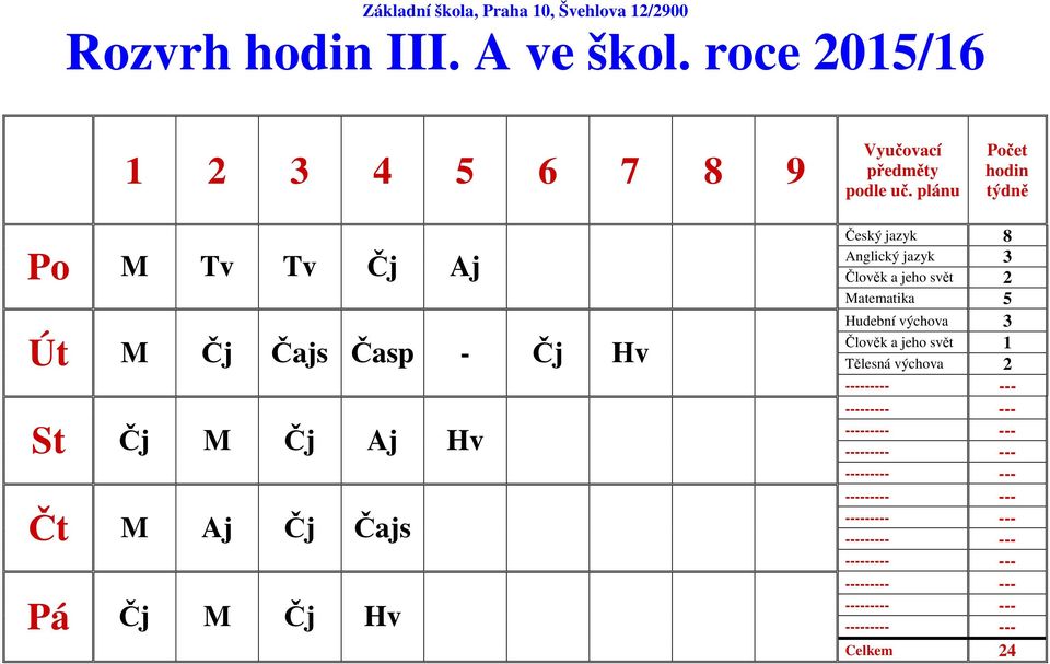 St Čj M Čj Aj Hv Čt M Aj Čj Čajs Pá Čj M Čj Hv Český