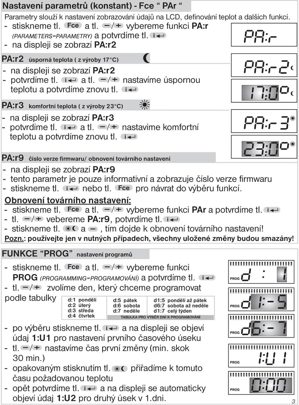 nastavíme úspornou teplotu a potvrdíme znovu tl. i PA:r3 komfortní teplota ( z výroby 23 C) - na displeji se zobrazí PA:r3 - potvrdíme tl. i a tl. nastavíme komfortní teplotu a potvrdíme znovu tl.