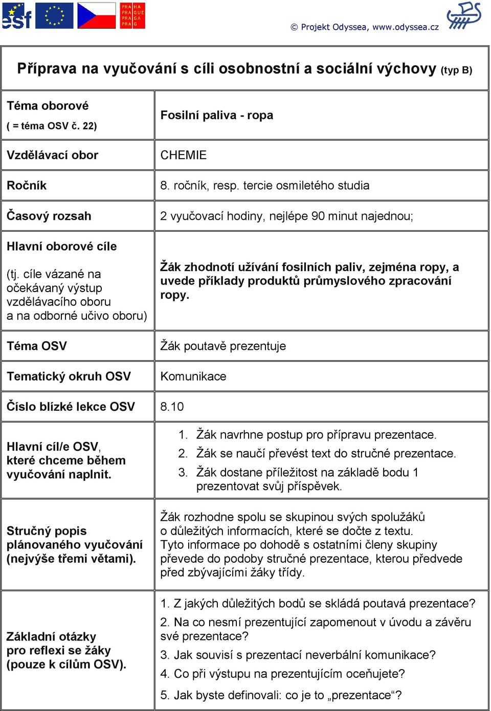 tercie osmiletého studia 2 vyučovací hodiny, nejlépe 90 minut najednou; Žák zhodnotí užívání fosilních paliv, zejména ropy, a uvede příklady produktů průmyslového zpracování ropy.