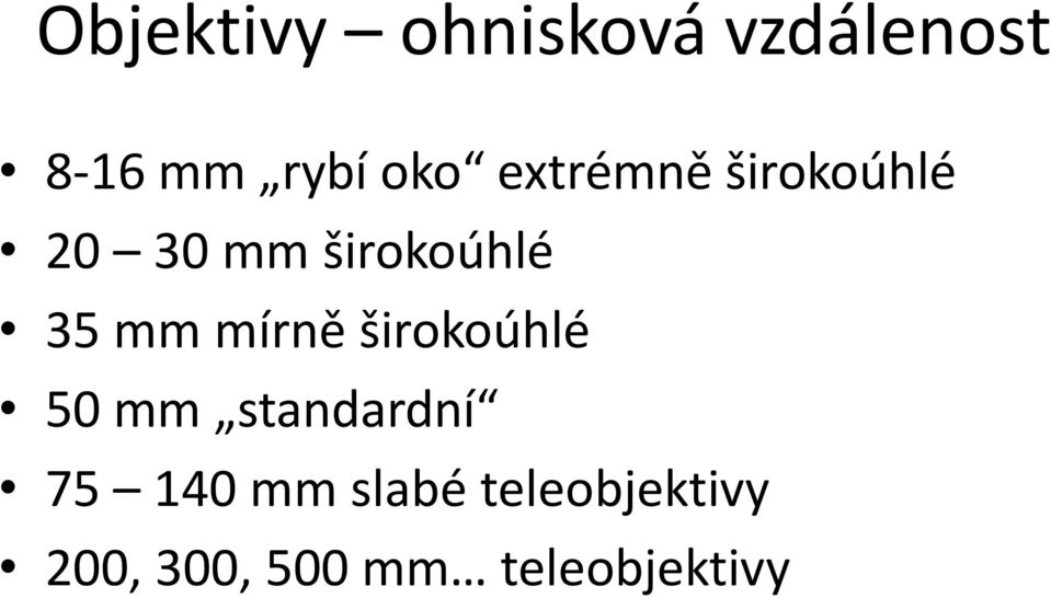 mm mírně širokoúhlé 50 mm standardní 75 140 mm