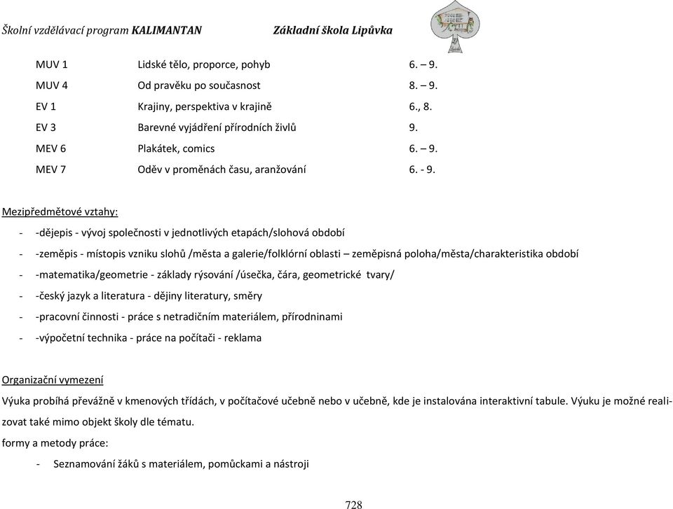 poloha/města/charakteristika období - -matematika/geometrie - základy rýsování /úsečka, čára, geometrické tvary/ - -český jazyk a literatura - dějiny literatury, směry - -pracovní činnosti - práce s