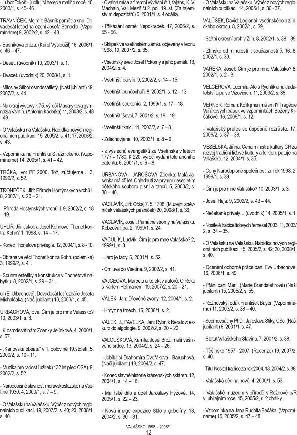 44. - Na okraj výstavy k 75. výročí Masarykova gymnázia Vsetín. (Antonín Kaderka) 11, 2003/2, s. 48-49. - O Valašsku na Valašsku. Nabídka nových regionálních publikací. 15, 2005/2, s.