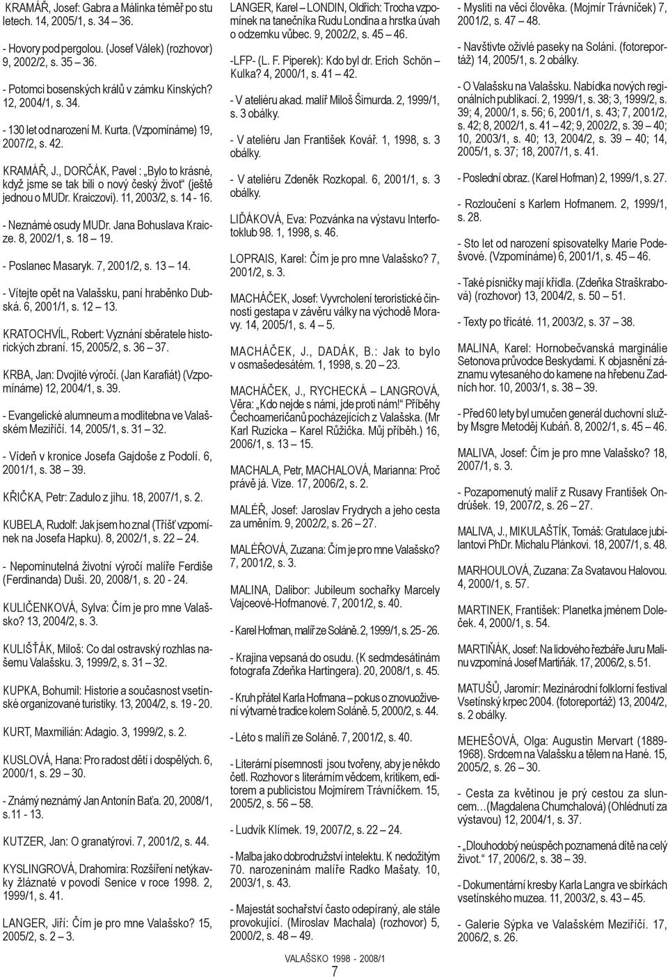 Kraiczovi). 11, 2003/2, s. 14-16. - Neznámé osudy MUDr. Jana Bohuslava Kraicze. 8, 2002/1, s. 18 19. - Poslanec Masaryk. 7, 2001/2, s. 13 14. - Vítejte opět na Valašsku, paní hraběnko Dubská.