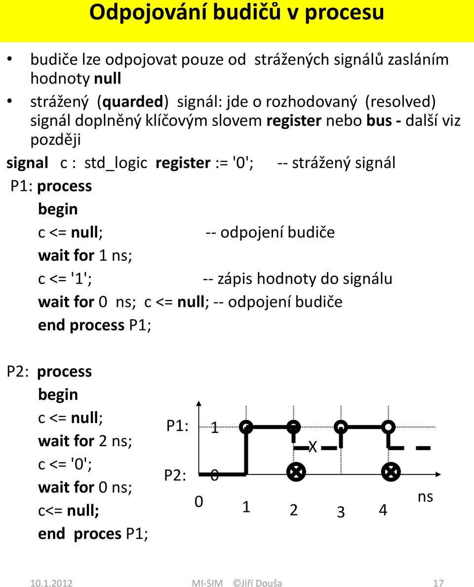 process c <= null; -- odpojení budiče wait for 1 ns; c <= '1'; -- zápis hodnoty do signálu wait for 0 ns; c <= null; -- odpojení budiče end