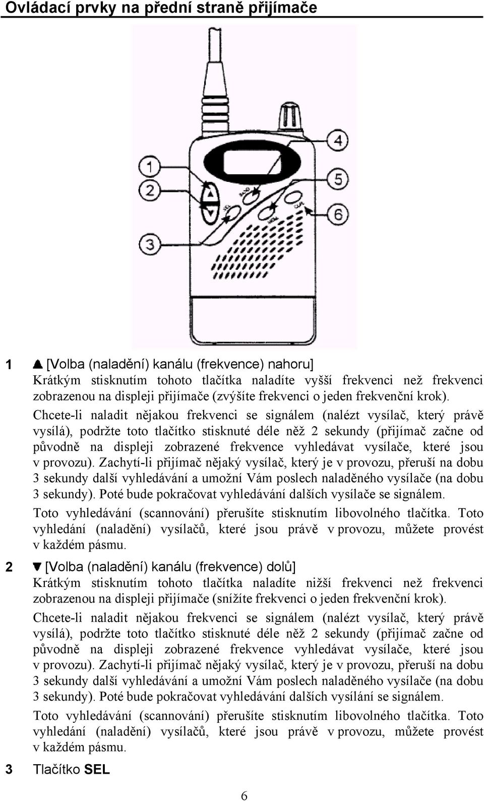 Chcete-li naladit nějakou frekvenci se signálem (nalézt vysílač, který právě vysílá), podržte toto tlačítko stisknuté déle něž 2 sekundy (přijímač začne od původně na displeji zobrazené frekvence