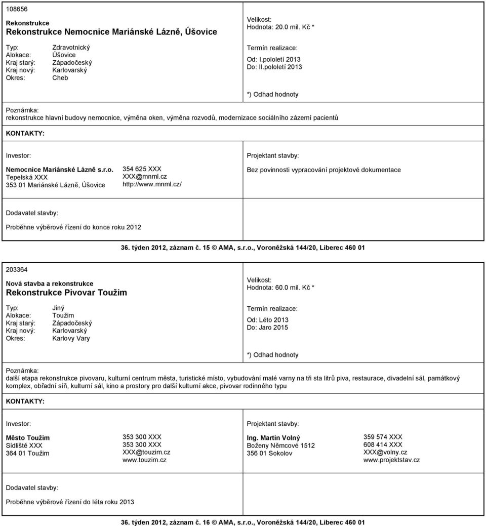 cz http://www.mnml.cz/ Bez povinnosti vypracování projektové dokumentace Proběhne výběrové řízení do konce roku 2012 36. týden 2012, záznam č. 15 AMA, s.r.o., Voroněžská 144/20, Liberec 460 01 203364 a rekonstrukce Pivovar Toužim Hodnota: 60.