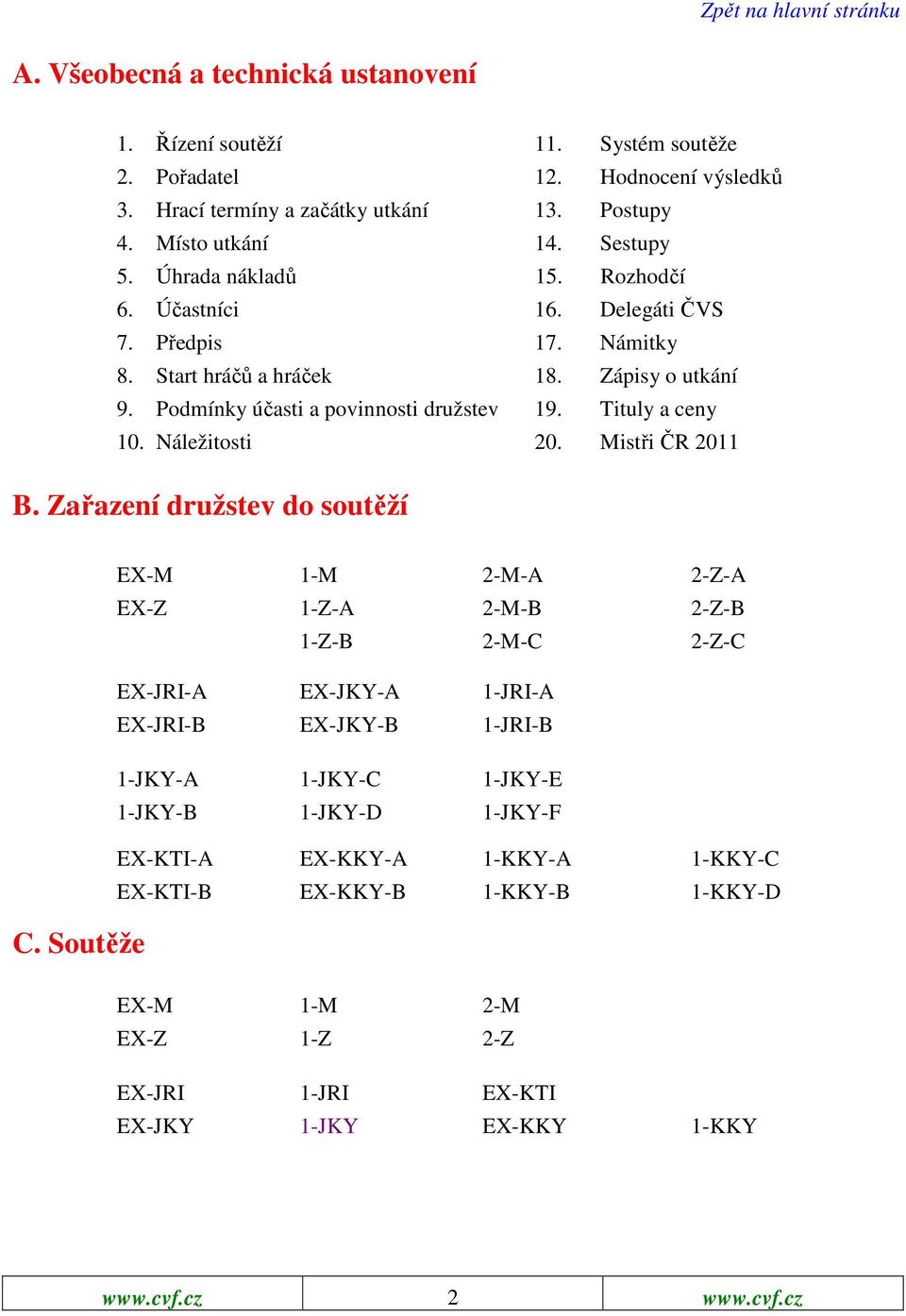 Náležitosti 20. Mistři ČR 2011 B. Zařazení družstev do soutěží C.