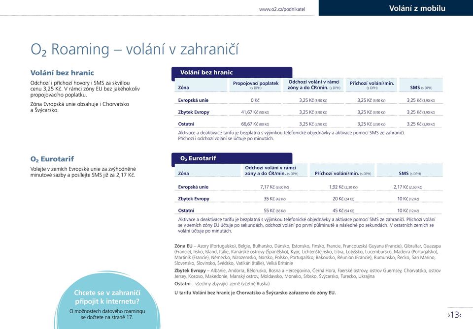 (s DPH) SMS (s DPH) Evropská unie 0 Kč 3,25 Kč (3,90 Kč) 3,25 Kč (3,90 Kč) 3,25 Kč (3,90 Kč) Zbytek Evropy 41,67 Kč (50 Kč) 3,25 Kč (3,90 Kč) 3,25 Kč (3,90 Kč) 3,25 Kč (3,90 Kč) Ostatní 66,67 Kč (80