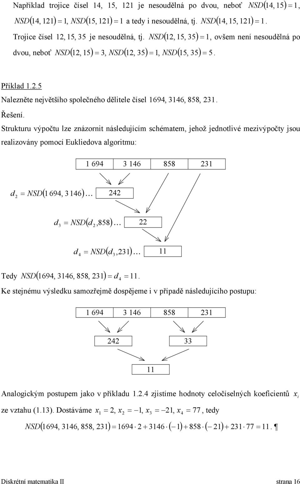 Struturu výpočtu lze zázort ásledující schéate jehož jedotlvé ezvýpočty jsou realzováy poocí Euledova algortu: 694 46 858 d NSD( 694 46) 4 d NSD( d 858) d 4 NSD( d ) Tedy ( 694 46 858 )