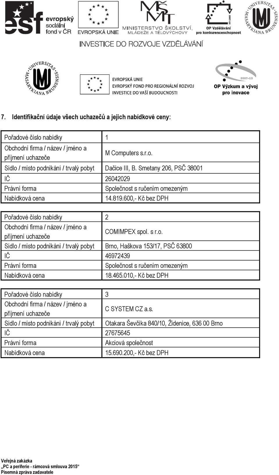 600,- Kč bez DPH Pořadové číslo nabídky 2 Obchodní firma / název / jméno a příjmení uchazeče COMIMPEX spol. s r.o. Sídlo / místo podnikání / trvalý pobyt Brno, Haškova 153/17, PSČ 63800 IČ 46972439 Právní forma Společnost s ručením omezeným Nabídková cena 18.