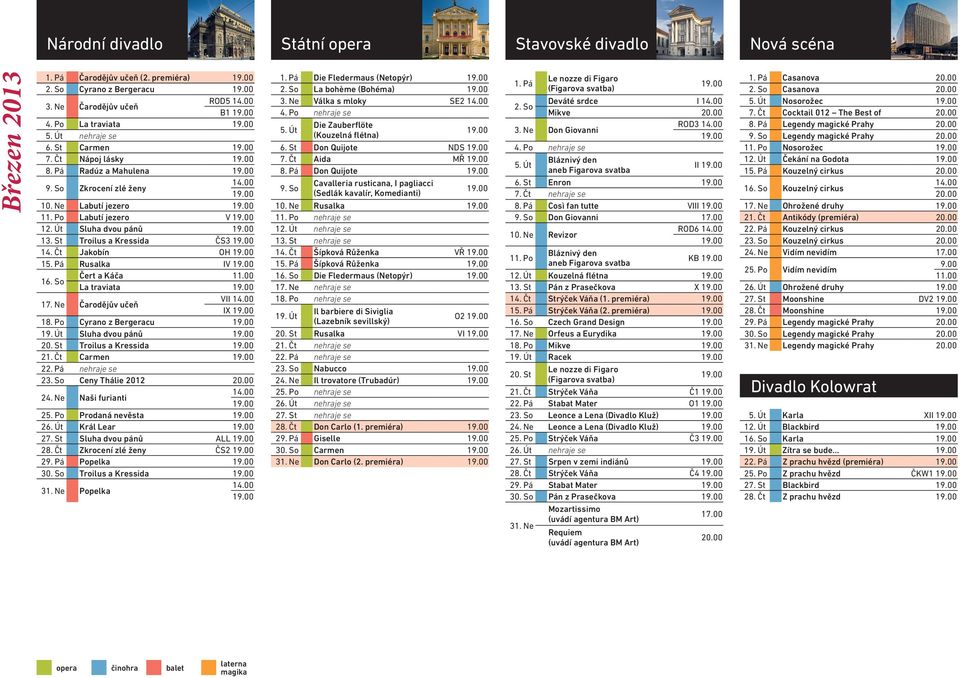 Ne Čarodějův učeň VII IX 18. Po Cyrano z Bergeracu 19. Út Sluha dvou pánů 20. St Troilus a Kressida 21. Čt Carmen 22. Pá nehraje se 23. So Ceny Thálie 2012 24. Ne Naši furianti 25.