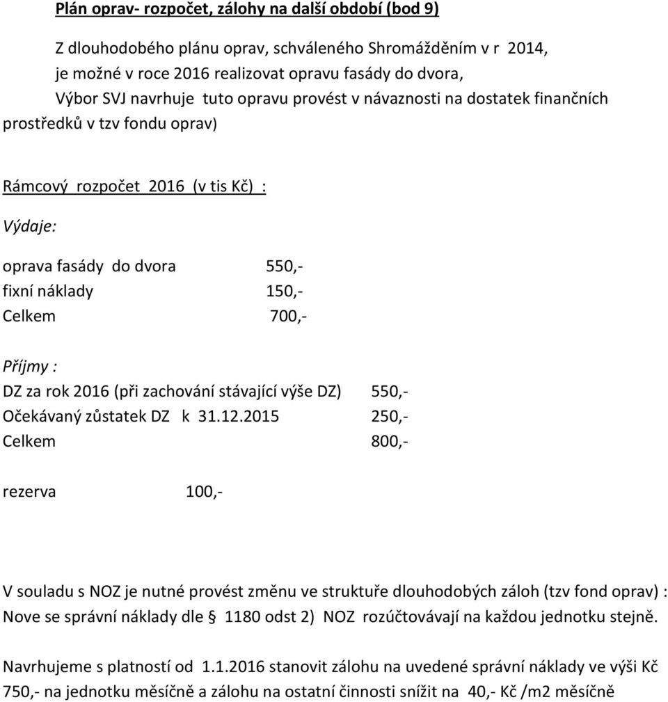 za rok 2016 (při zachování stávající výše DZ) 550,- Očekávaný zůstatek DZ k 31.12.