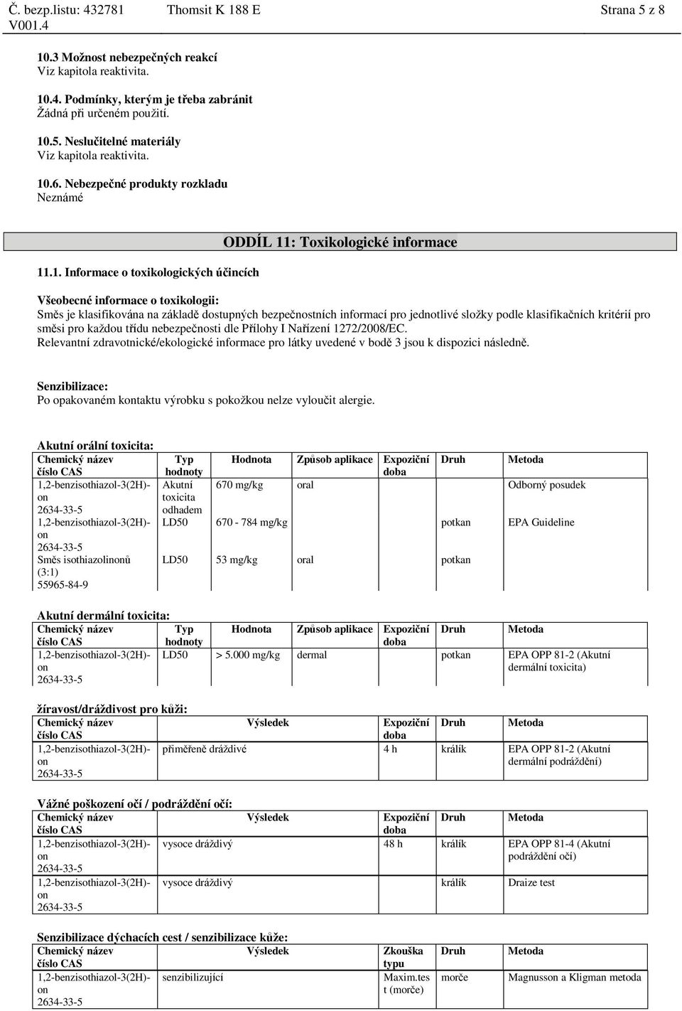 bezpečnostních informací pro jednotlivé složky podle klasifikačních kritérií pro směsi pro každou třídu nebezpečnosti dle Přílohy I Nařízení 1272/2008/EC.