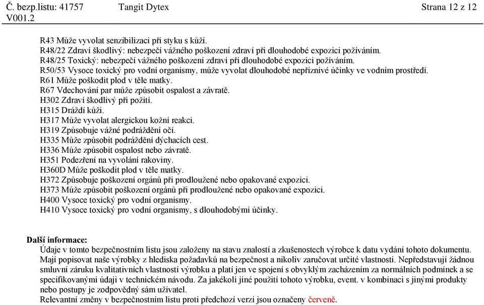 R61 Může poškodit plod v těle matky. R67 Vdechování par může způsobit ospalost a závratě. H302 Zdraví škodlivý při požití. H315 Dráždí kůži. H317 Může vyvolat alergickou kožní reakci.