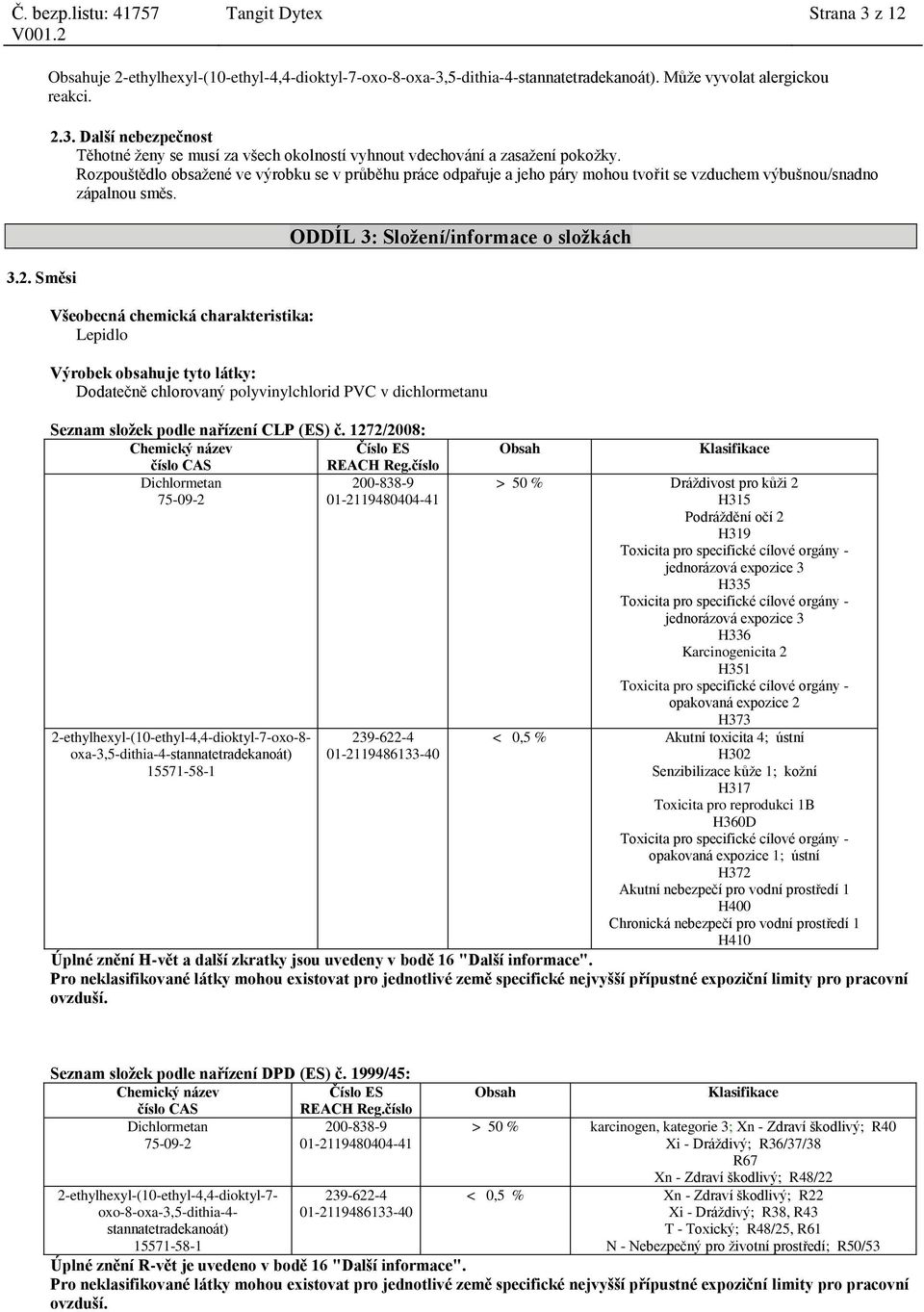 Všeobecná chemická charakteristika: Lepidlo ODDÍL 3: Složení/informace o složkách Výrobek obsahuje tyto látky: Dodatečně chlorovaný polyvinylchlorid PVC v dichlormetanu Seznam složek podle nařízení