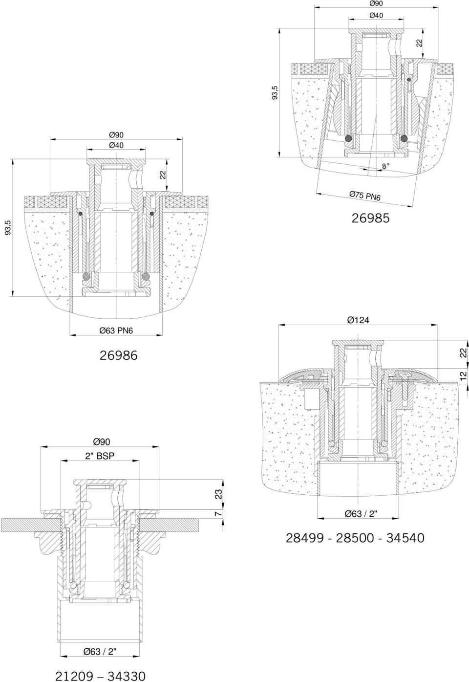 93,5 Ø90 Ø40 22 Ø90 Ø40 8 22 Ø75 PN6 93,5 26985 Ø63 PN6 Ø124 26986 22