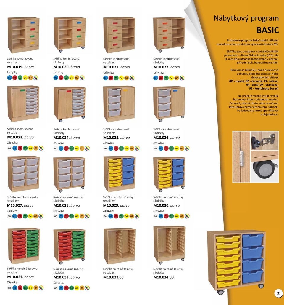 Barevnost skříněk je dána barevnos úchytek, případně zásuvek nebo dekora vních stříšek (01 - modrá, 02 - červená, 03 - zelená, 04 - žlutá, 07 - oranžová, 99 - kombinace barev) Na přání je možné