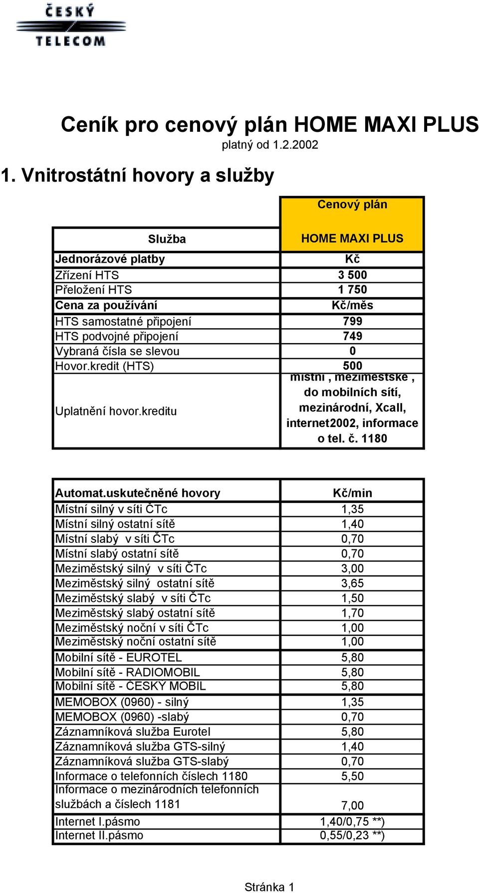 slevou 0 Hovor.kredit (HTS) 500 místní, meziměstské, do mobilních sítí, Uplatnění hovor.kreditu mezinárodní, Xcall, internet2002, informace o tel. č. 1180 Automat.