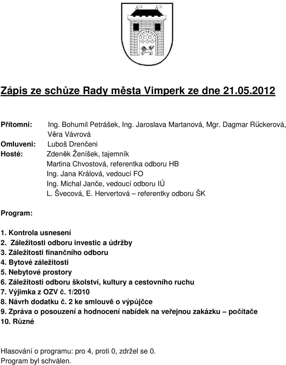 Hervertová referentky odboru ŠK Program: 1. Kontrola usnesení 2. Záležitosti odboru investic a údržby 3. Záležitosti finančního odboru 4. Bytové záležitosti 5. Nebytové prostory 6.