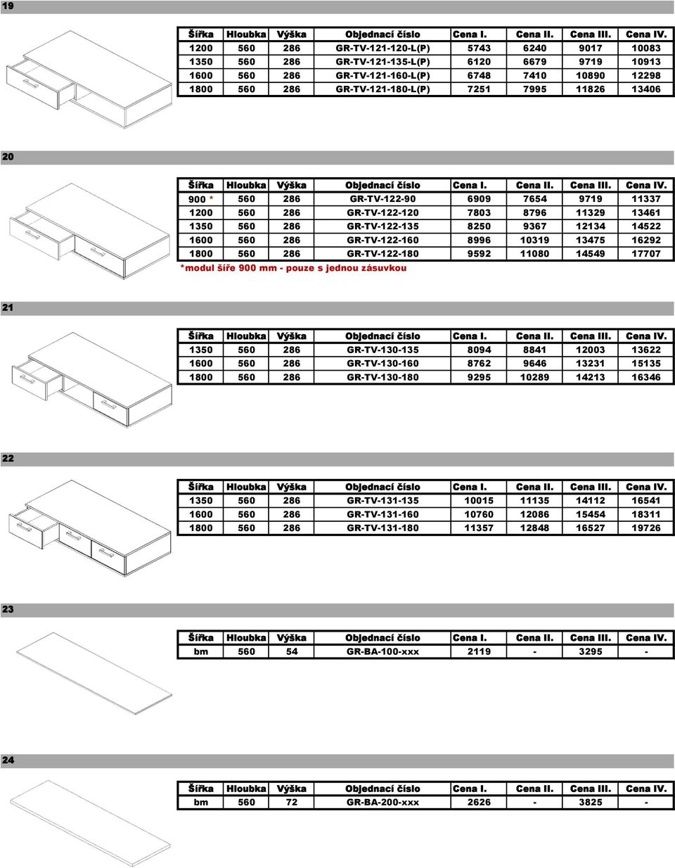 10319 13475 16292 1800 560 286 GR-TV-122-180 9592 11080 14549 17707 *modul šíře 900 mm - pouze s jednou zásuvkou 21 1350 560 286 GR-TV-130-135 8094 8841 12003 13622 1600 560 286 GR-TV-130-160 8762