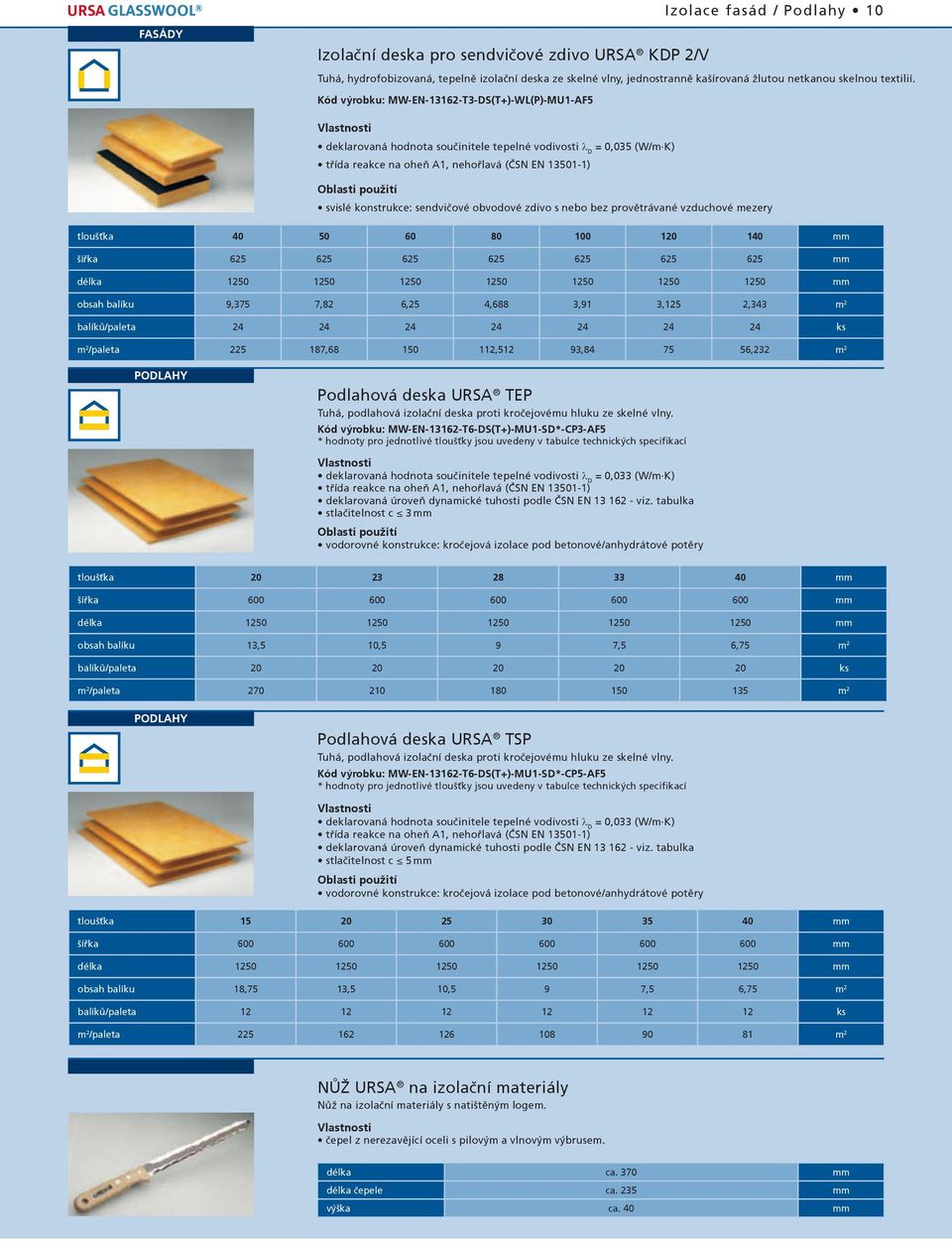 Kód výrobku: MW-EN-13162-T3-DS(T+)-WL(P)-MU1-AF5 = 0,035 (W/m K) svislé konstrukce: sendvičové obvodové zdivo s nebo bez provětrávané vzduchové mezery tloušťka 40 50 60 80 100 120 140 mm šířka 625