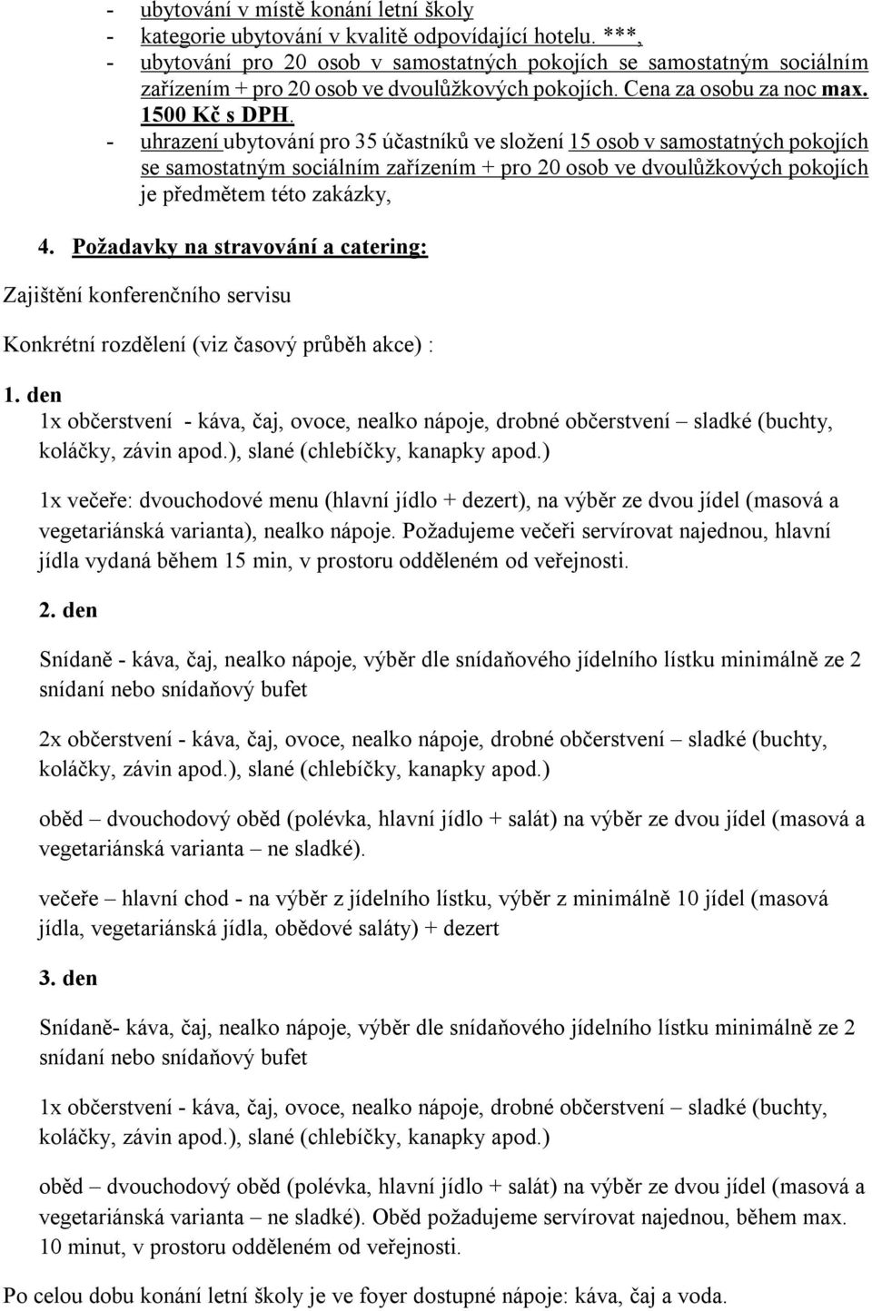 - uhrazení ubytování pro 35 účastníků ve složení 15 osob v samostatných pokojích se samostatným sociálním zařízením + pro 20 osob ve dvoulůžkových pokojích je předmětem této zakázky, 4.