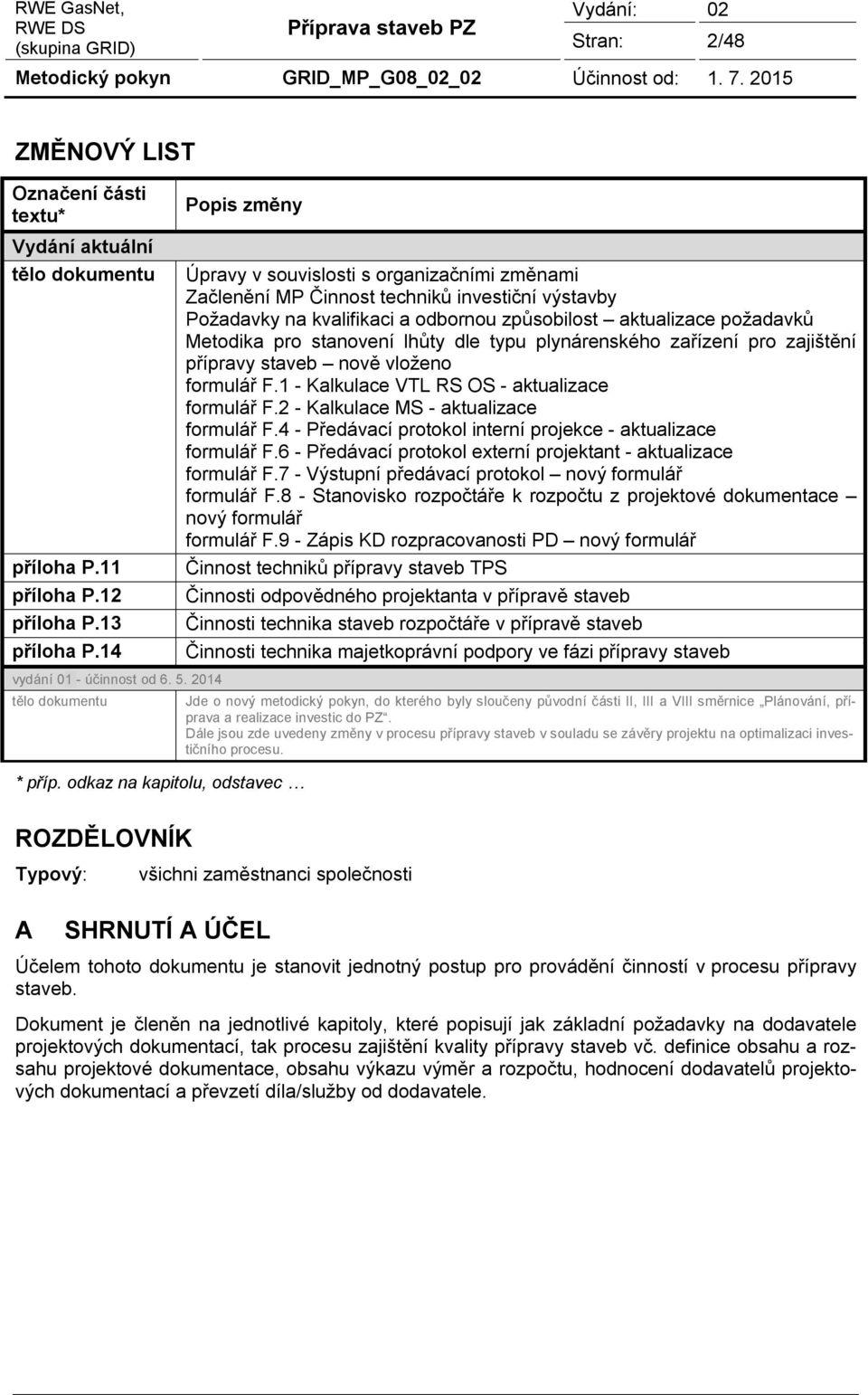 stanovení lhůty dle typu plynárenského zařízení pro zajištění přípravy staveb nově vloženo formulář F.1 - Kalkulace VTL RS OS - aktualizace formulář F.2 - Kalkulace MS - aktualizace formulář F.